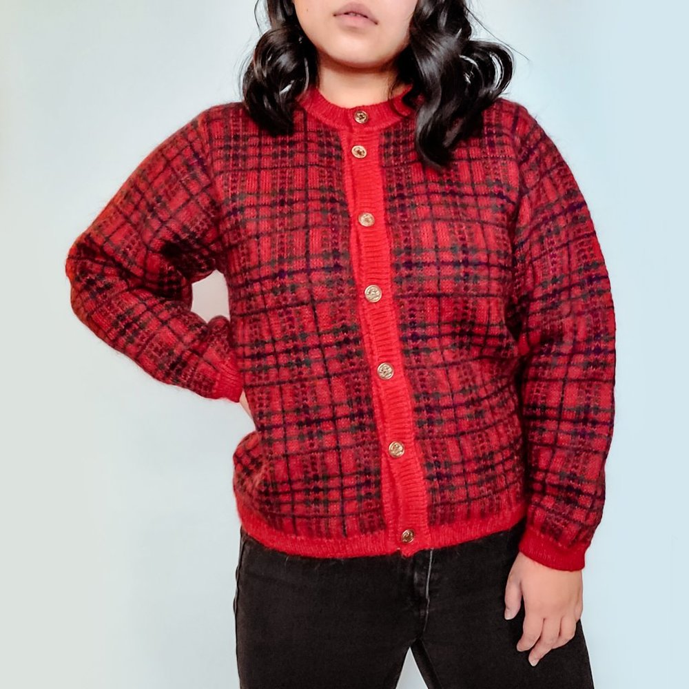 Edinburgh Red, Black, and Green Plaid Cardigan